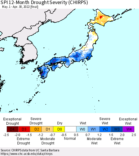 Japan SPI 12-Month Drought Severity (CHIRPS) Thematic Map For 5/1/2021 - 4/30/2022