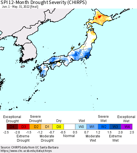 Japan SPI 12-Month Drought Severity (CHIRPS) Thematic Map For 6/1/2021 - 5/31/2022