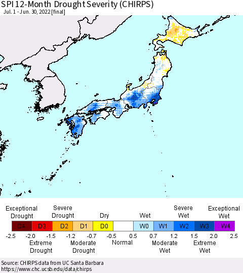 Japan SPI 12-Month Drought Severity (CHIRPS) Thematic Map For 7/1/2021 - 6/30/2022