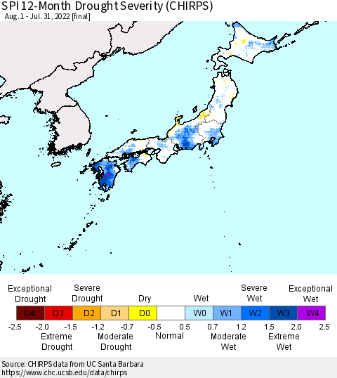 Japan SPI 12-Month Drought Severity (CHIRPS) Thematic Map For 8/1/2021 - 7/31/2022