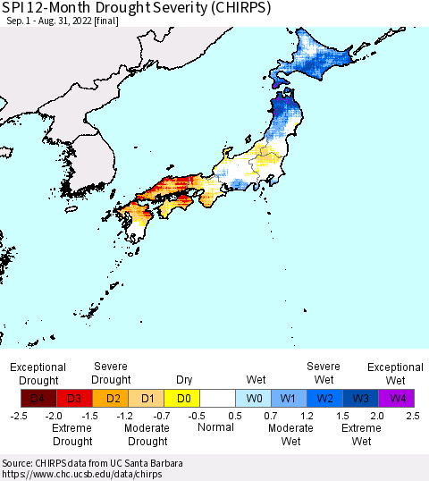 Japan SPI 12-Month Drought Severity (CHIRPS) Thematic Map For 9/1/2021 - 8/31/2022