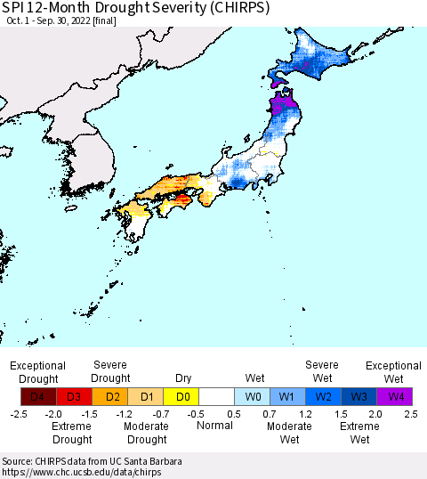 Japan SPI 12-Month Drought Severity (CHIRPS) Thematic Map For 10/1/2021 - 9/30/2022