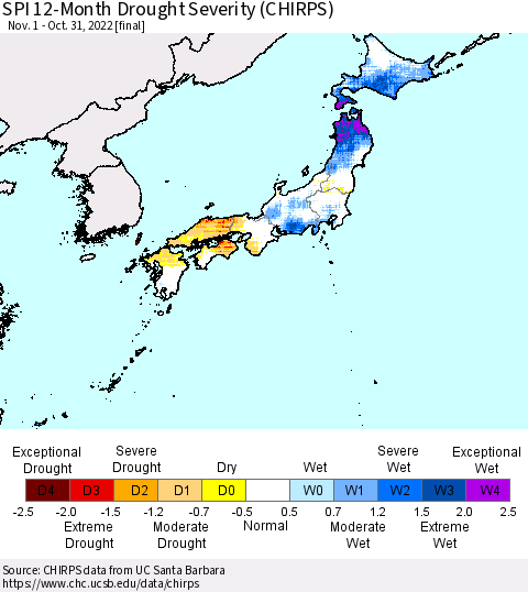 Japan SPI 12-Month Drought Severity (CHIRPS) Thematic Map For 11/1/2021 - 10/31/2022