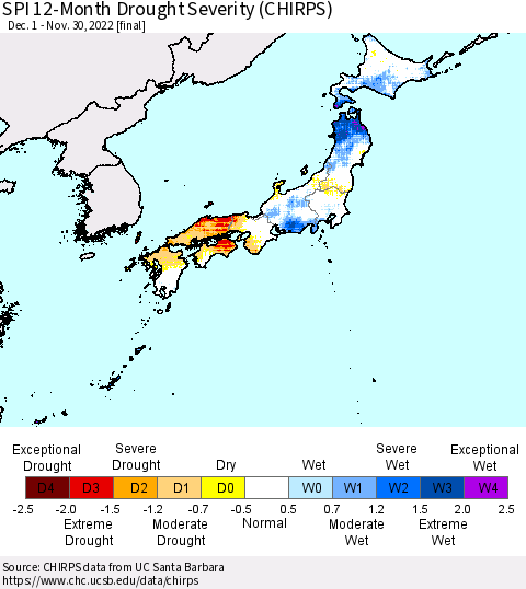 Japan SPI 12-Month Drought Severity (CHIRPS) Thematic Map For 12/1/2021 - 11/30/2022