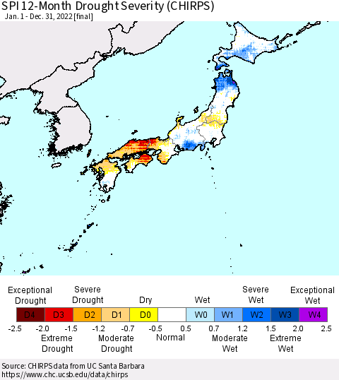 Japan SPI 12-Month Drought Severity (CHIRPS) Thematic Map For 1/1/2022 - 12/31/2022