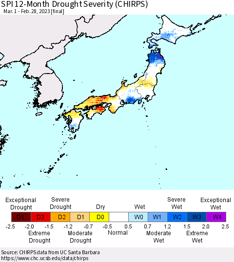 Japan SPI 12-Month Drought Severity (CHIRPS) Thematic Map For 3/1/2022 - 2/28/2023