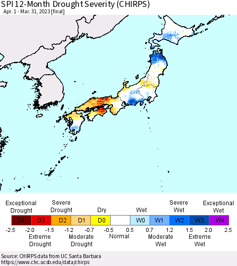 Japan SPI 12-Month Drought Severity (CHIRPS) Thematic Map For 4/1/2022 - 3/31/2023