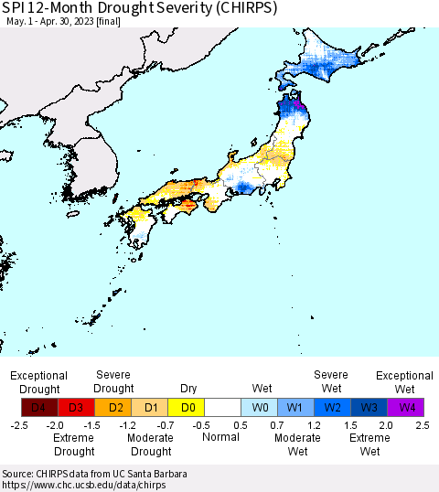 Japan SPI 12-Month Drought Severity (CHIRPS) Thematic Map For 5/1/2022 - 4/30/2023