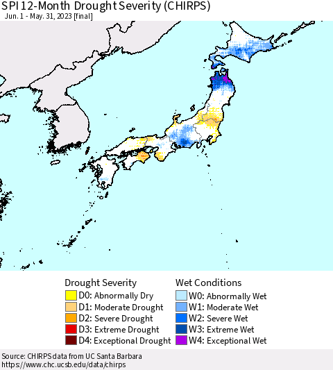 Japan SPI 12-Month Drought Severity (CHIRPS) Thematic Map For 6/1/2022 - 5/31/2023