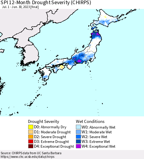 Japan SPI 12-Month Drought Severity (CHIRPS) Thematic Map For 7/1/2022 - 6/30/2023