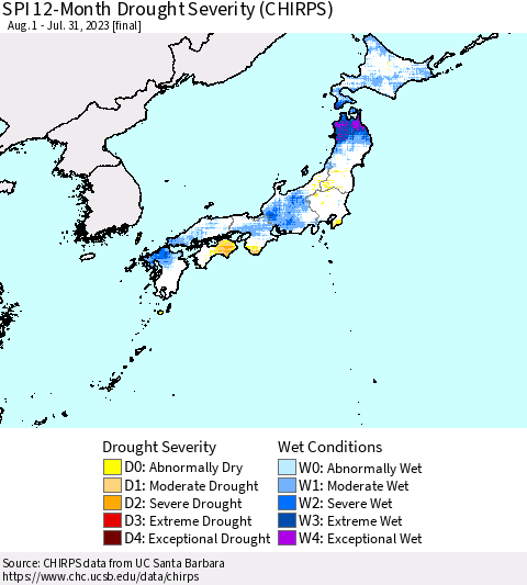 Japan SPI 12-Month Drought Severity (CHIRPS) Thematic Map For 8/1/2022 - 7/31/2023