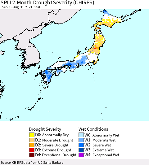 Japan SPI 12-Month Drought Severity (CHIRPS) Thematic Map For 9/1/2022 - 8/31/2023