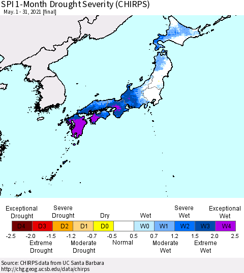 Japan SPI 1-Month Drought Severity (CHIRPS) Thematic Map For 5/1/2021 - 5/31/2021