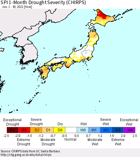 Japan SPI 1-Month Drought Severity (CHIRPS) Thematic Map For 6/1/2021 - 6/30/2021