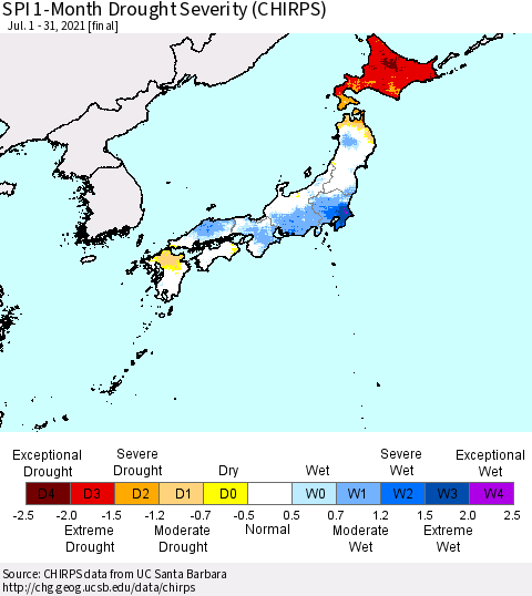Japan SPI 1-Month Drought Severity (CHIRPS) Thematic Map For 7/1/2021 - 7/31/2021