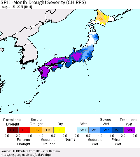Japan SPI 1-Month Drought Severity (CHIRPS) Thematic Map For 8/1/2021 - 8/31/2021