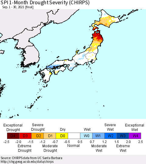 Japan SPI 1-Month Drought Severity (CHIRPS) Thematic Map For 9/1/2021 - 9/30/2021