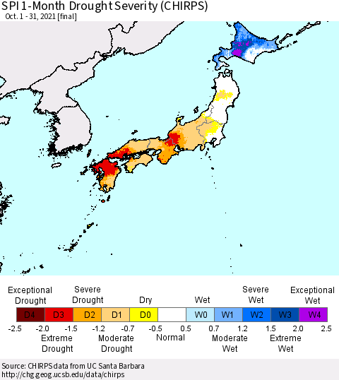 Japan SPI 1-Month Drought Severity (CHIRPS) Thematic Map For 10/1/2021 - 10/31/2021