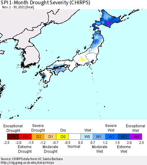 Japan SPI 1-Month Drought Severity (CHIRPS) Thematic Map For 11/1/2021 - 11/30/2021