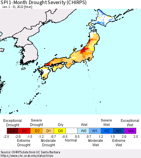 Japan SPI 1-Month Drought Severity (CHIRPS) Thematic Map For 1/1/2022 - 1/31/2022