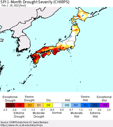 Japan SPI 1-Month Drought Severity (CHIRPS) Thematic Map For 2/1/2022 - 2/28/2022