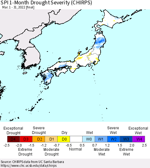 Japan SPI 1-Month Drought Severity (CHIRPS) Thematic Map For 3/1/2022 - 3/31/2022