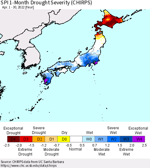 Japan SPI 1-Month Drought Severity (CHIRPS) Thematic Map For 4/1/2022 - 4/30/2022