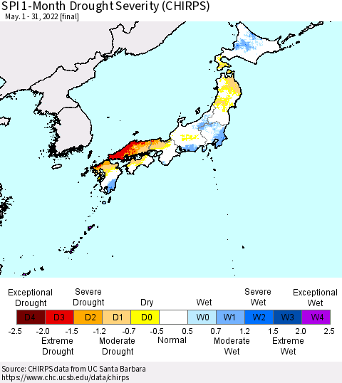 Japan SPI 1-Month Drought Severity (CHIRPS) Thematic Map For 5/1/2022 - 5/31/2022