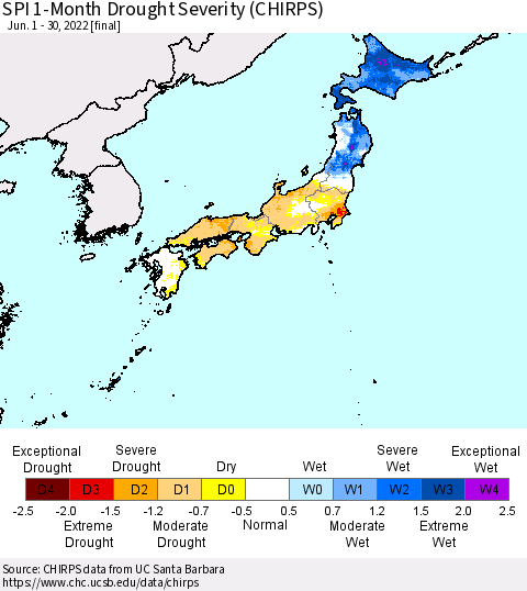 Japan SPI 1-Month Drought Severity (CHIRPS) Thematic Map For 6/1/2022 - 6/30/2022