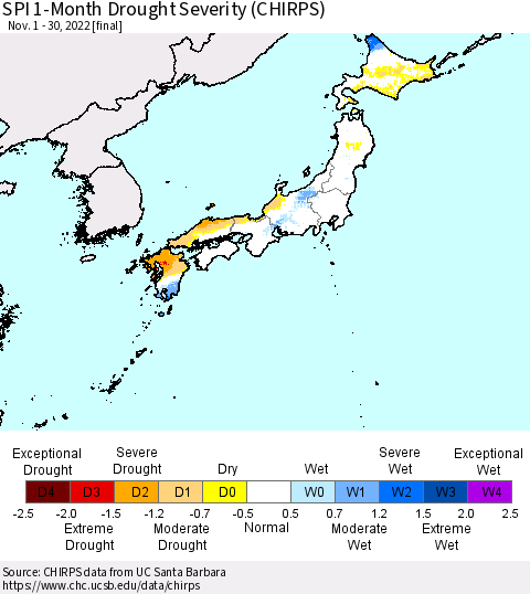 Japan SPI 1-Month Drought Severity (CHIRPS) Thematic Map For 11/1/2022 - 11/30/2022