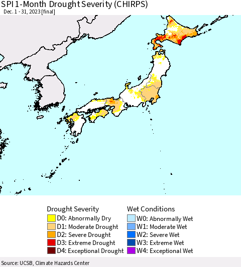 Japan SPI 1-Month Drought Severity (CHIRPS) Thematic Map For 12/1/2023 - 12/31/2023