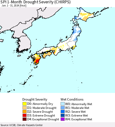 Japan SPI 1-Month Drought Severity (CHIRPS) Thematic Map For 1/1/2024 - 1/31/2024