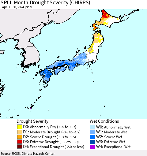 Japan SPI 1-Month Drought Severity (CHIRPS) Thematic Map For 4/1/2024 - 4/30/2024