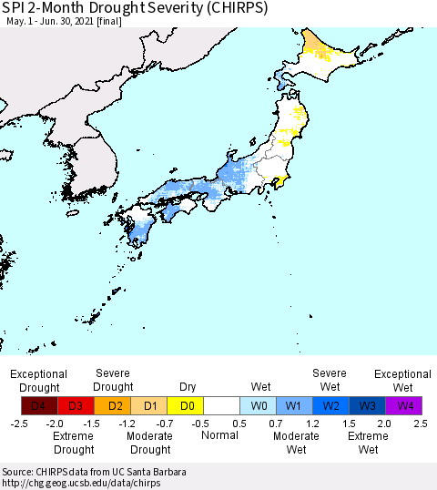 Japan SPI 2-Month Drought Severity (CHIRPS) Thematic Map For 5/1/2021 - 6/30/2021