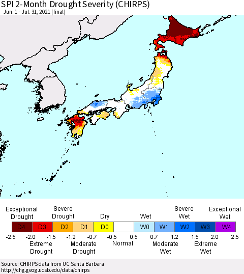 Japan SPI 2-Month Drought Severity (CHIRPS) Thematic Map For 6/1/2021 - 7/31/2021