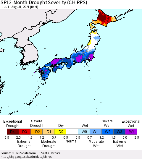 Japan SPI 2-Month Drought Severity (CHIRPS) Thematic Map For 7/1/2021 - 8/31/2021