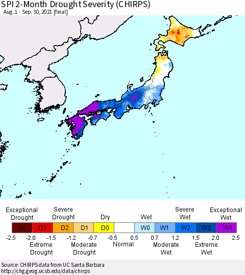 Japan SPI 2-Month Drought Severity (CHIRPS) Thematic Map For 8/1/2021 - 9/30/2021