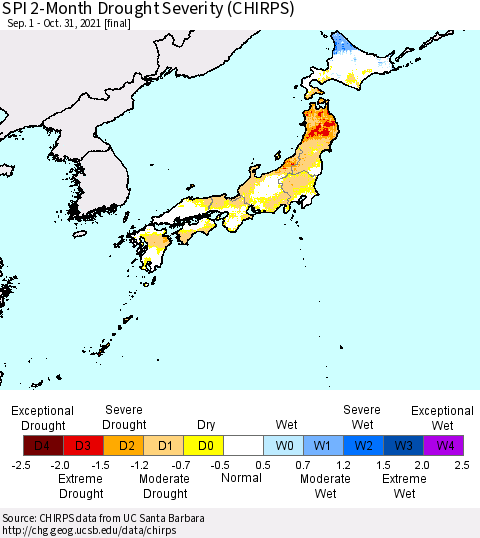 Japan SPI 2-Month Drought Severity (CHIRPS) Thematic Map For 9/1/2021 - 10/31/2021