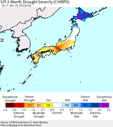 Japan SPI 2-Month Drought Severity (CHIRPS) Thematic Map For 10/1/2021 - 11/30/2021