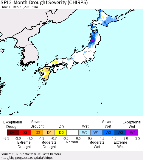 Japan SPI 2-Month Drought Severity (CHIRPS) Thematic Map For 11/1/2021 - 12/31/2021