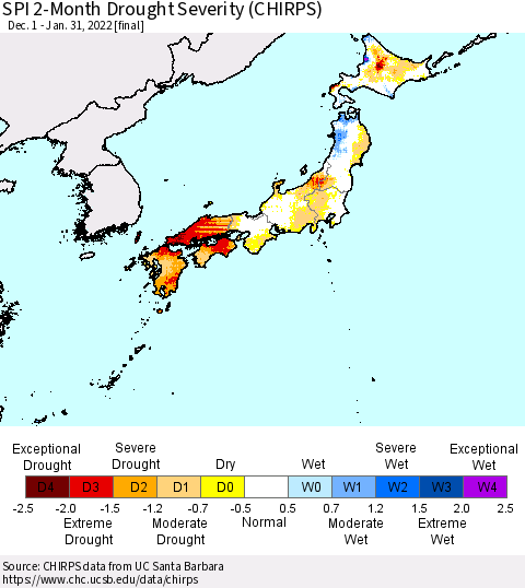 Japan SPI 2-Month Drought Severity (CHIRPS) Thematic Map For 12/1/2021 - 1/31/2022