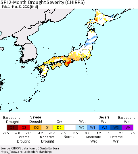 Japan SPI 2-Month Drought Severity (CHIRPS) Thematic Map For 2/1/2022 - 3/31/2022