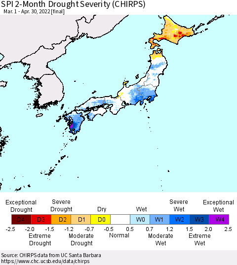Japan SPI 2-Month Drought Severity (CHIRPS) Thematic Map For 3/1/2022 - 4/30/2022