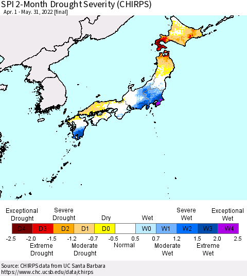 Japan SPI 2-Month Drought Severity (CHIRPS) Thematic Map For 4/1/2022 - 5/31/2022