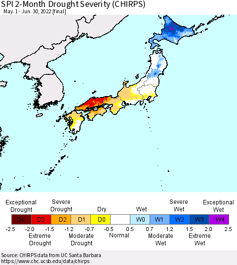 Japan SPI 2-Month Drought Severity (CHIRPS) Thematic Map For 5/1/2022 - 6/30/2022