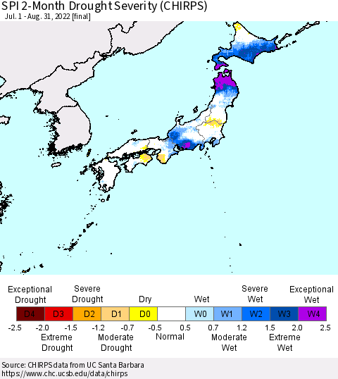 Japan SPI 2-Month Drought Severity (CHIRPS) Thematic Map For 7/1/2022 - 8/31/2022
