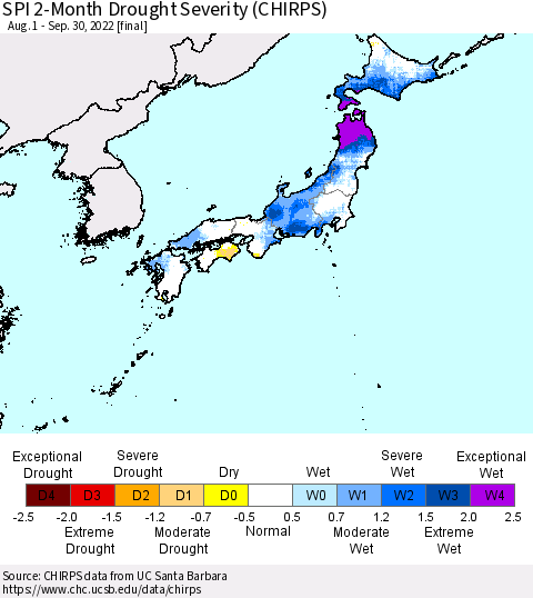 Japan SPI 2-Month Drought Severity (CHIRPS) Thematic Map For 8/1/2022 - 9/30/2022