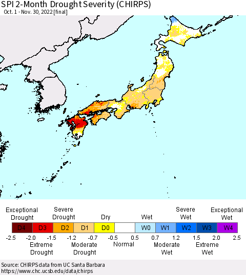 Japan SPI 2-Month Drought Severity (CHIRPS) Thematic Map For 10/1/2022 - 11/30/2022