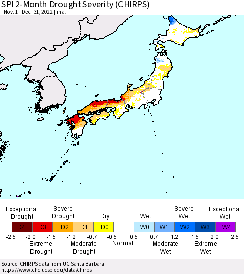 Japan SPI 2-Month Drought Severity (CHIRPS) Thematic Map For 11/1/2022 - 12/31/2022