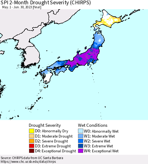 Japan SPI 2-Month Drought Severity (CHIRPS) Thematic Map For 5/1/2023 - 6/30/2023